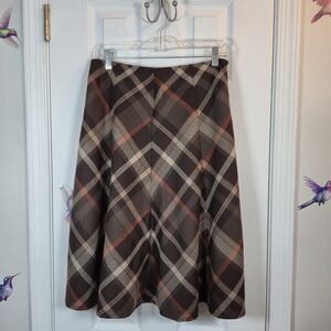 Jones New York Brown Plaid 100% Wool A-Line Midi Skirt Size 6